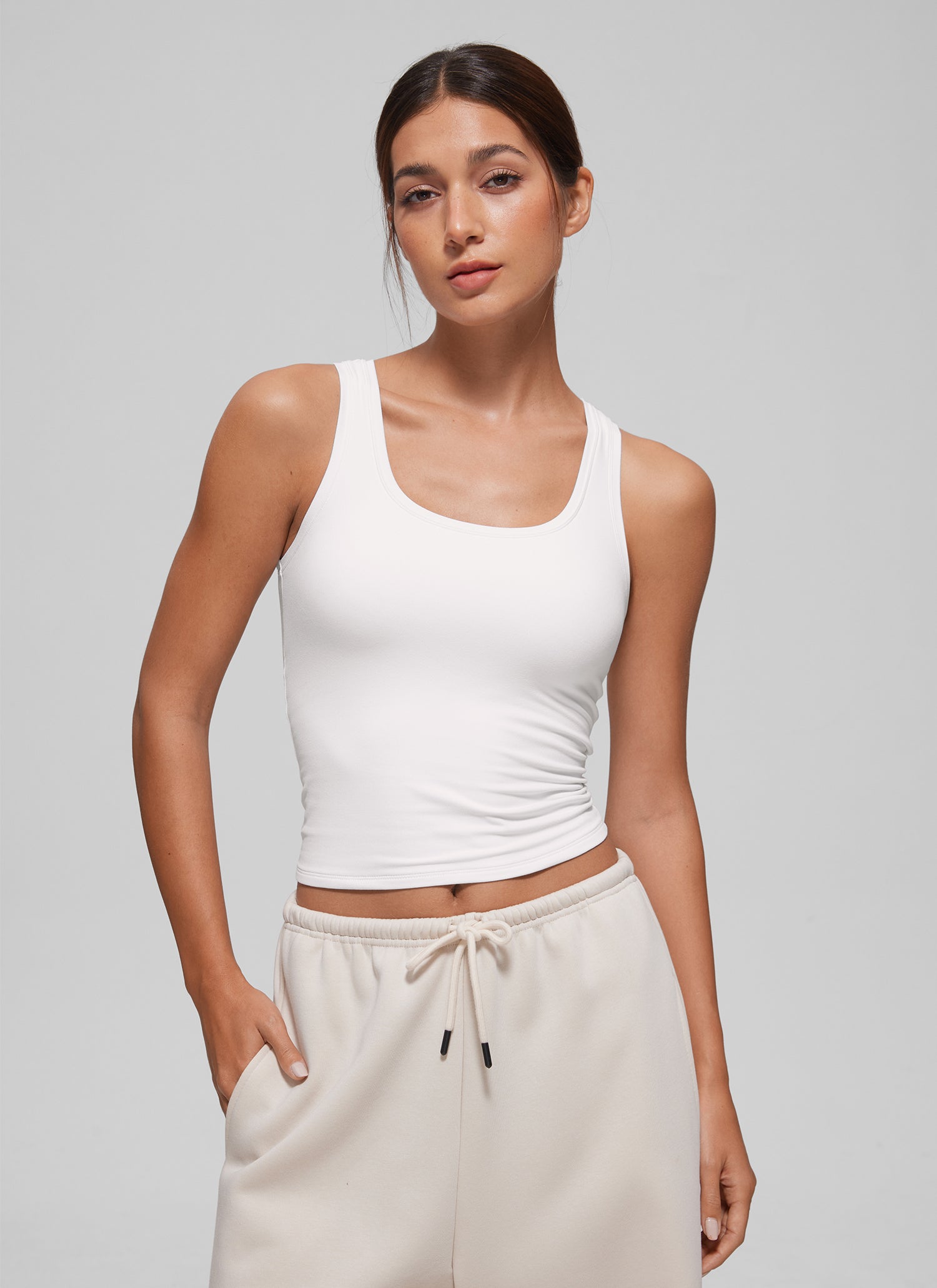 CRZ YOGA Women Softembrace Soft Double Lined Scoop Neck Tanks Casual Tops White