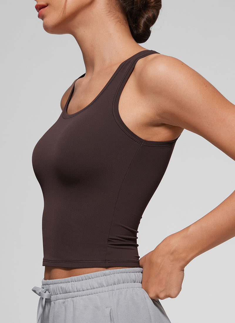 CRZ YOGA Women Softembrace Soft Double Lined Scoop Neck Tanks Casual Tops Hot Fudge Brown