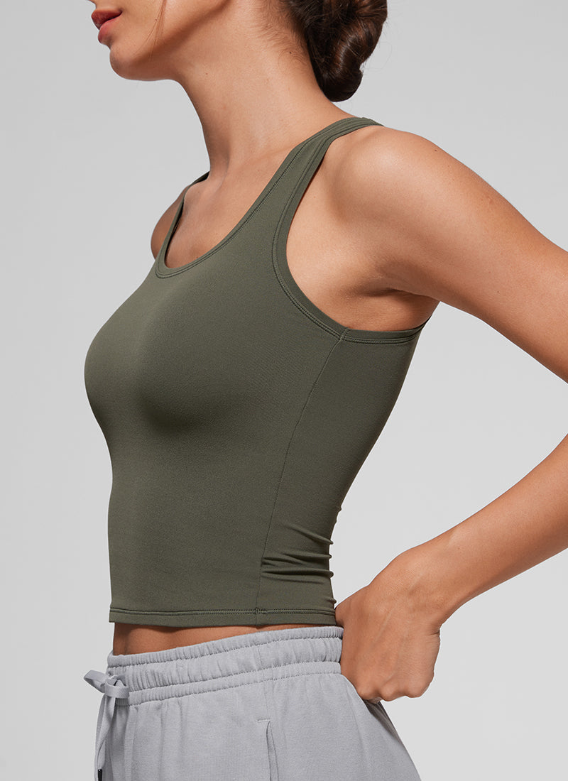 CRZ YOGA Women Softembrace Soft Double Lined Scoop Neck Tanks Casual Tops Light Army Green