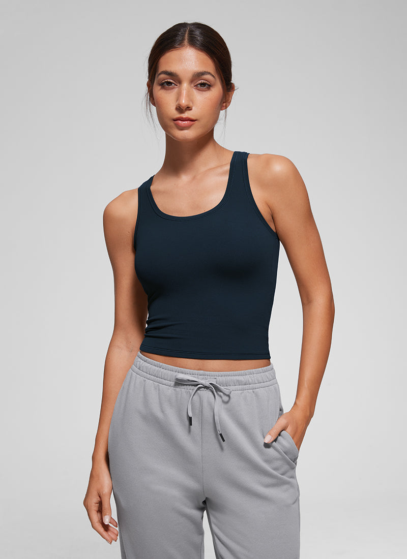 CRZ YOGA Women Softembrace Soft Double Lined Scoop Neck Tanks Casual Tops True Navy