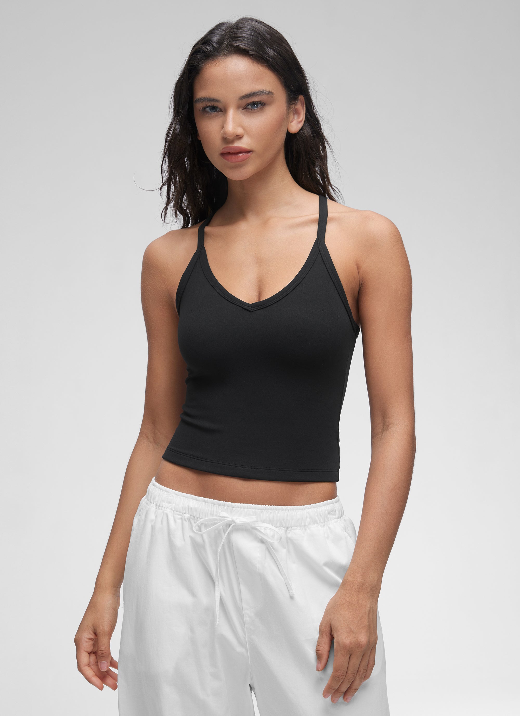 CRZ YOGA Women's Butterluxe Soft Double Lined V Neck Racerback Tanks Black