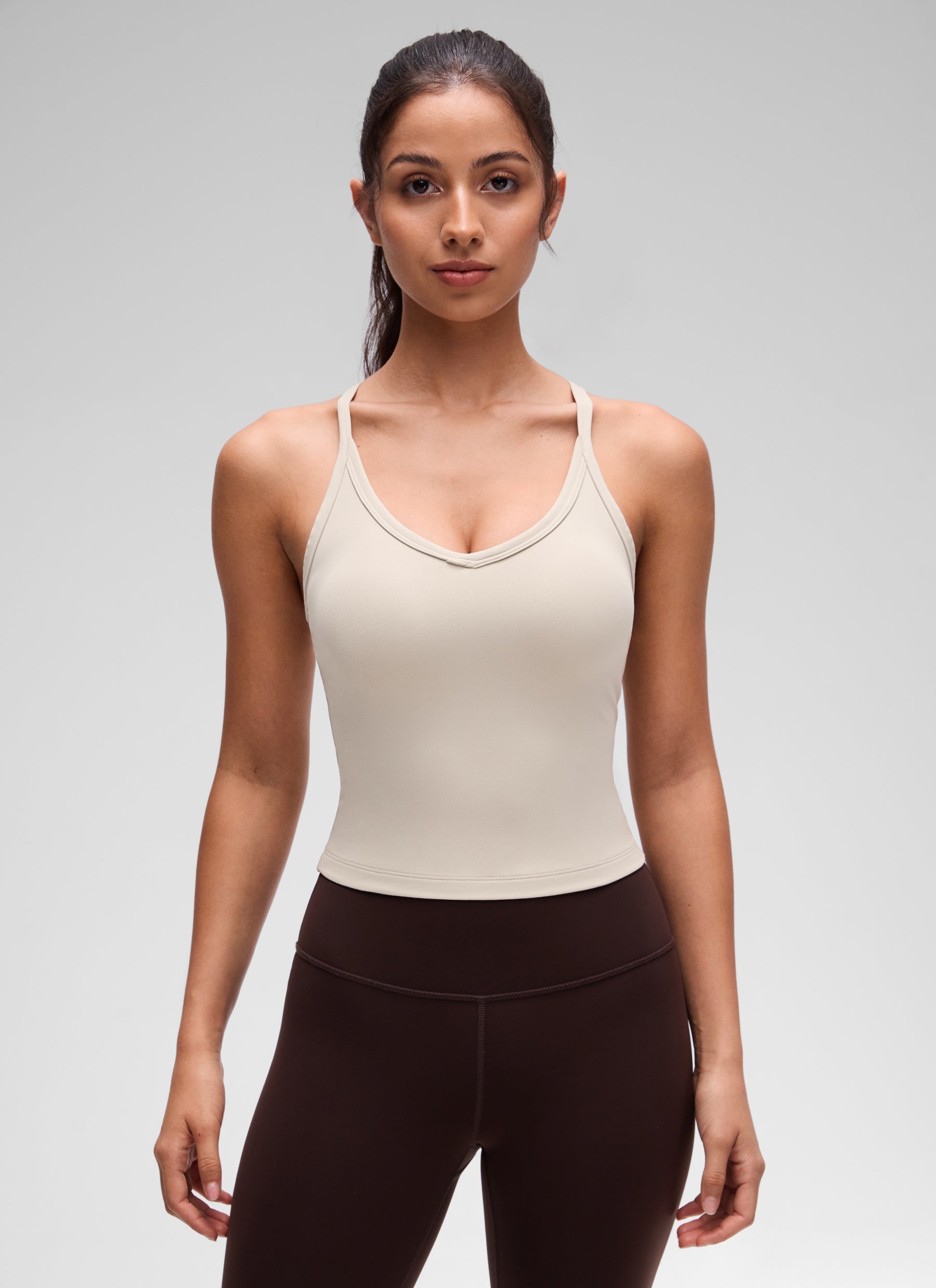 CRZ YOGA Women's Butterluxe Soft Double Lined V Neck Racerback Tanks Mojave Tan @model_info:Maysa