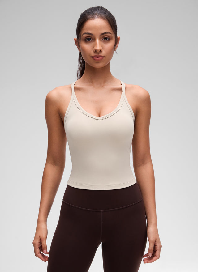 CRZ YOGA Women's Butterluxe Soft Double Lined V Neck Racerback Tanks Mojave Tan