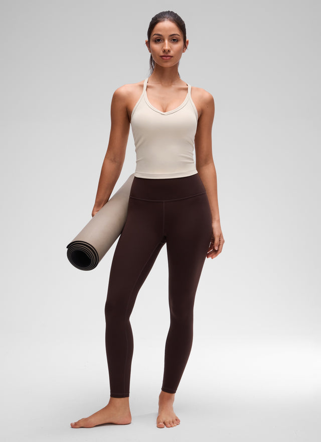 CRZ YOGA Women's Butterluxe Soft Double Lined V Neck Racerback Tanks Mojave Tan @model_info:Maysa