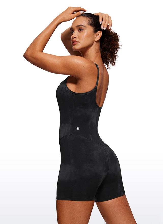 CRZ YOGA Women's Yoga Tight Fit Romper Shorts Bodysuit Jumpsuits Black Tie Dye Flowers