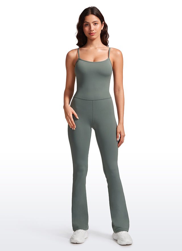CRZ YOGA Women's Yoga Tight Fit Flare Jumpsuits Build-in Bra Bodysuits Grey Sage @model_info:Maysa