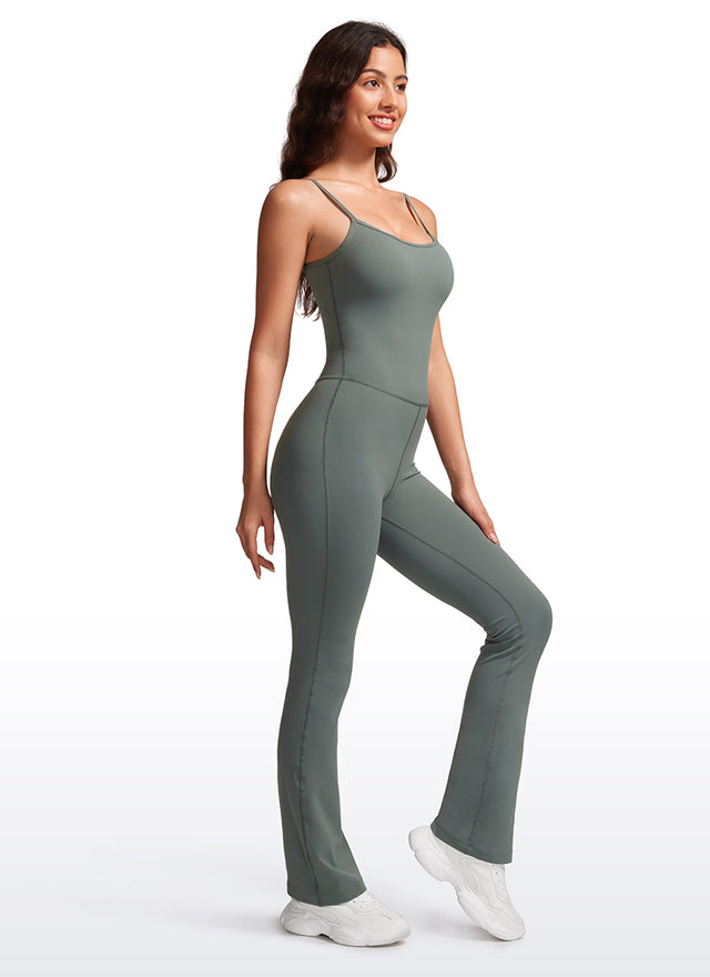 CRZ YOGA Women's Yoga Tight Fit Flare Jumpsuits Build-in Bra Bodysuits Grey Sage