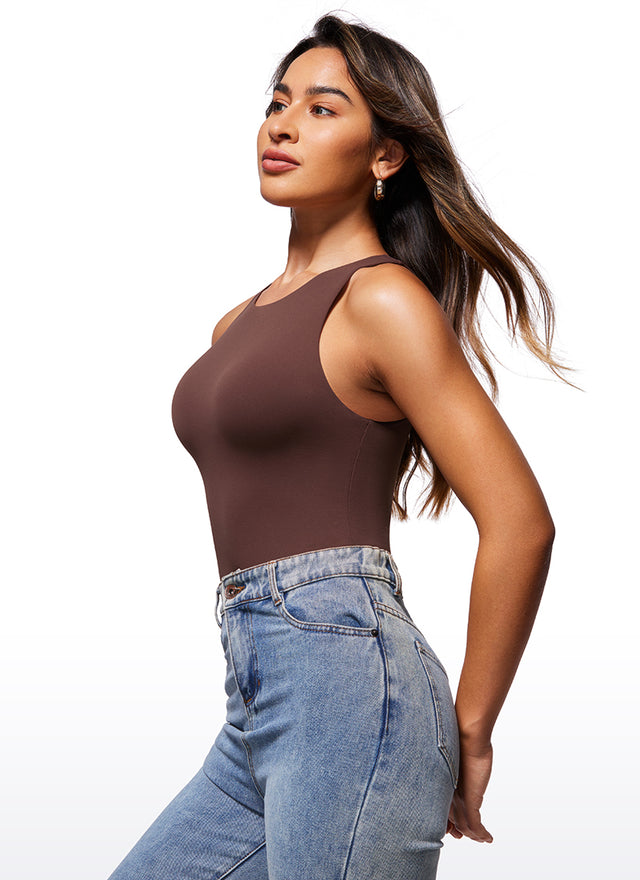 CRZ YOGA Women's Yoga Tight Fit High Neck Racerback Bodysuits Taupe