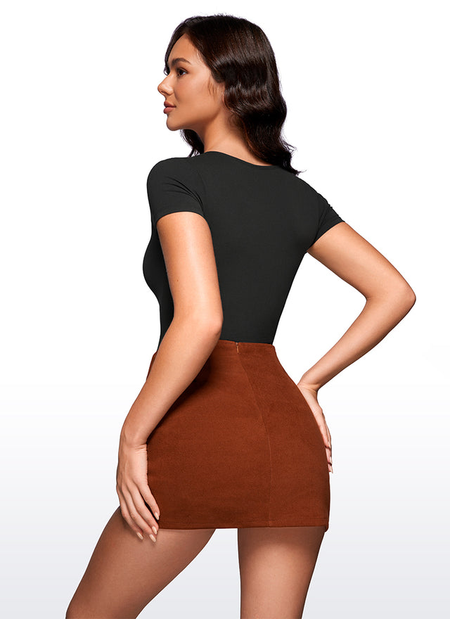 CRZ YOGA Women's Yoga Tight Fit Scoop Neck Short Sleeves Bodysuits Black