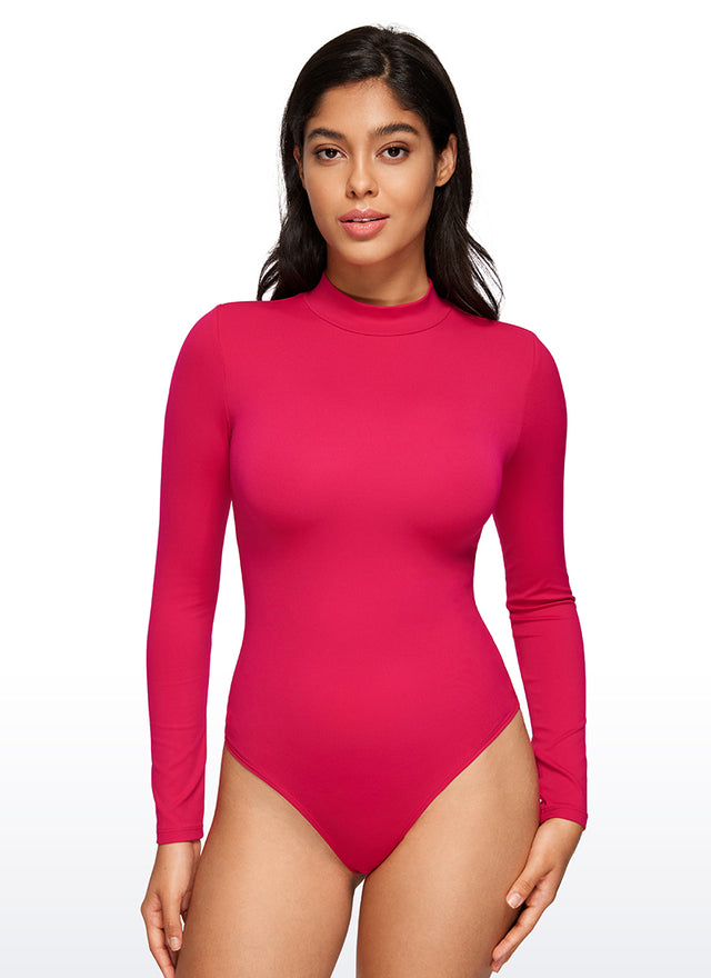 CRZ YOGA Women's Yoga Tight Fit Mock Turtleneck Long Sleeves Bodysuits Viva Magenta