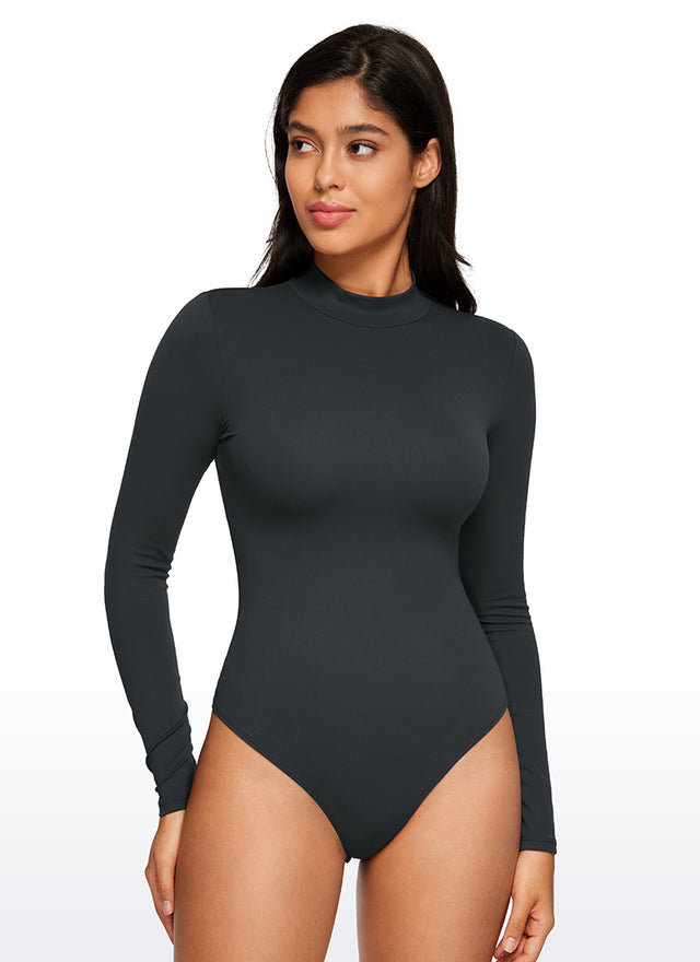 CRZ YOGA Women's Yoga Tight Fit Mock Turtleneck Long Sleeves Bodysuits Melanite