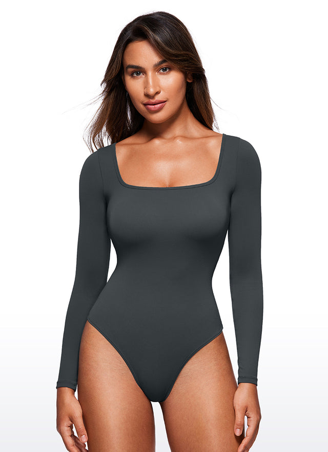 CRZ YOGA Women's Yoga Tight Fit Square Neck Long Sleeves Bodysuits Melanite