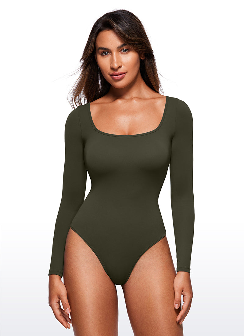 CRZ YOGA Women's Yoga Tight Fit Square Neck Long Sleeves Bodysuits Olive Green