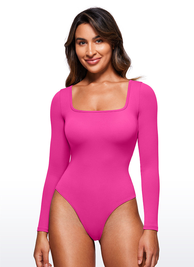 CRZ YOGA Women's Yoga Tight Fit Square Neck Long Sleeves Bodysuits Hibiscus Purple