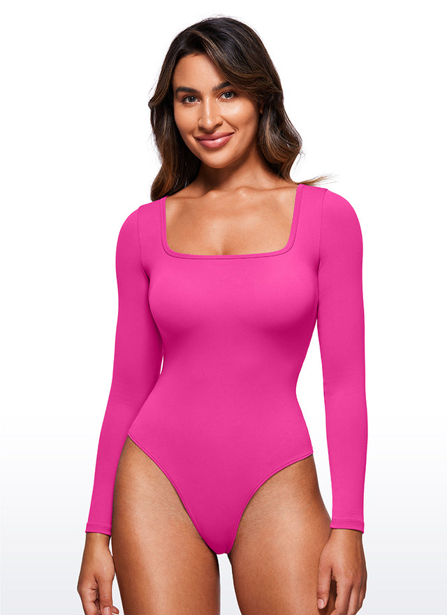 CRZ YOGA Women's Yoga Tight Fit Square Neck Long Sleeves Bodysuits Hibiscus Purple