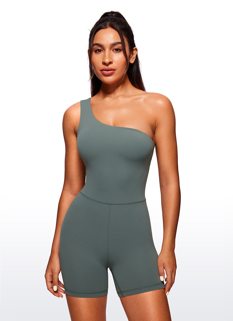 CRZ YOGA Women's Yoga One Shoulder Romper Shorts Bodysuit Jumpsuits Grey Sage