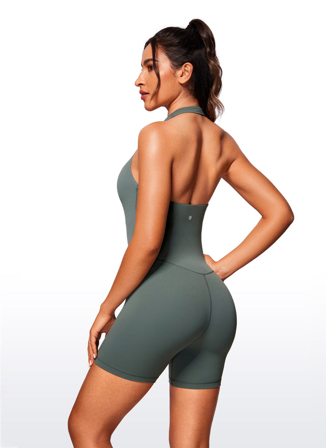 CRZ YOGA Women's Yoga Halter Backless Athletic Romper Shorts Bodysuit Grey Sage