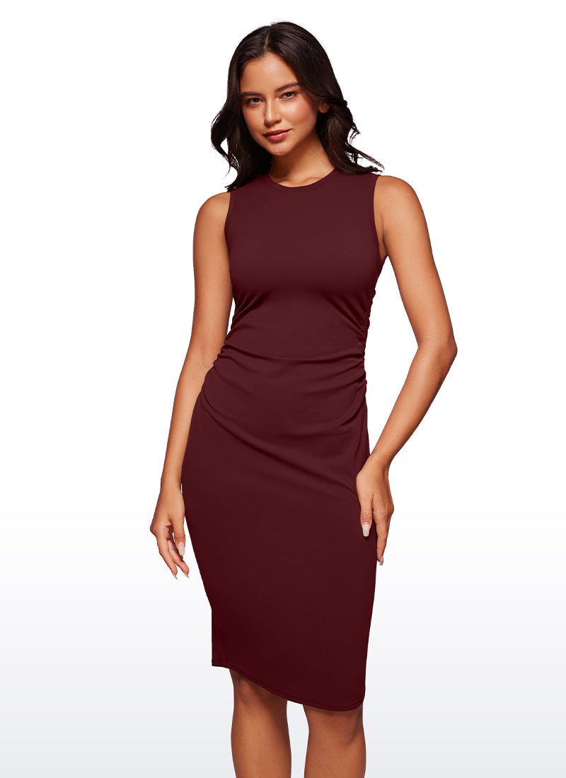 CRZ YOGA Womens Butterluxe Ruched Bodycon Sleeveless Midi Dresses Red Merlot