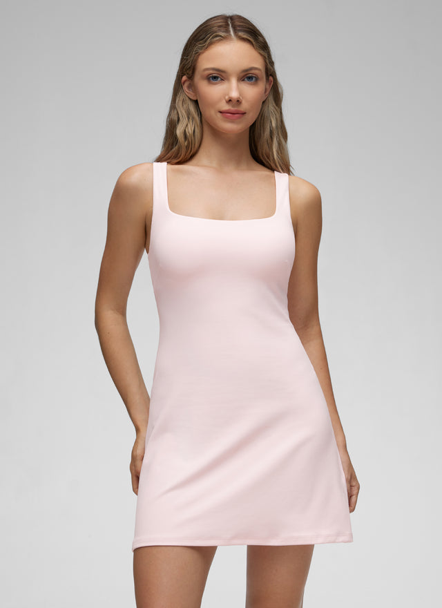 CRZ YOGA Women Butterluxe Square Neck Shelf Bra Tennis Dresses A line Strawberry Pink @model_info:Kate