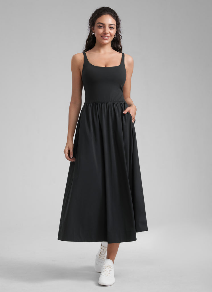 CRZ YOGA Women's Square Neck Pocket Sleeveless Maxi Padded Dress Hot Fudge Brown