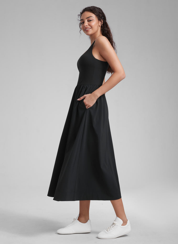 CRZ YOGA Women's Square Neck Pocket Sleeveless Maxi Padded Dress Black