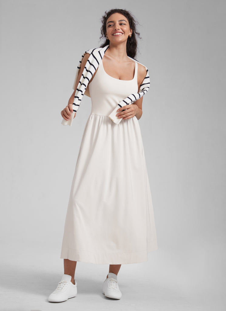 CRZ YOGA Women's Square Neck Pocket Sleeveless Maxi Padded Dress Milky White