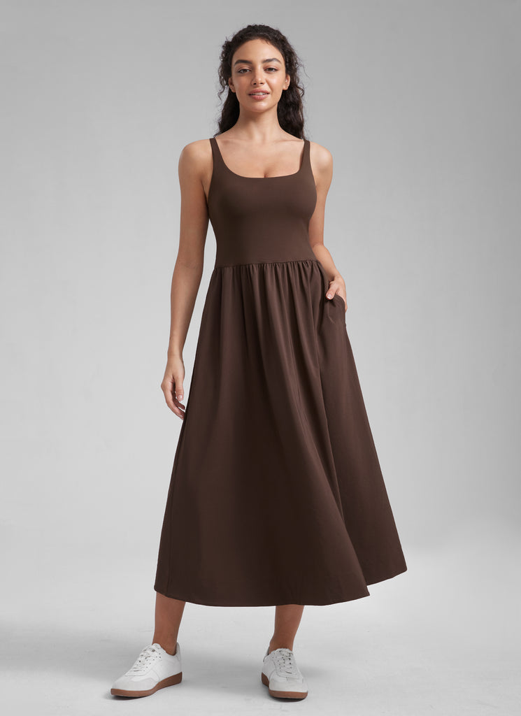 CRZ YOGA Women's Square Neck Pocket Sleeveless Maxi Padded Dress Hot Fudge Brown