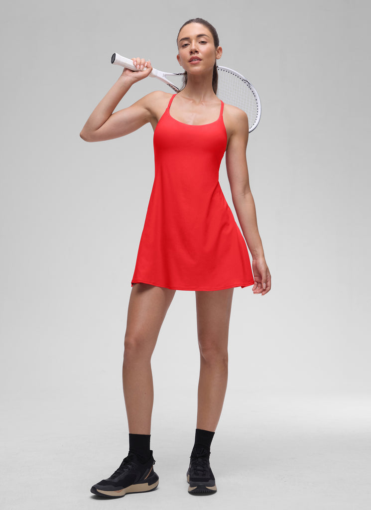 CRZ YOGA Women's Stretchy Straps Tennis Built-in Bra Short Liner Dress Deep Red