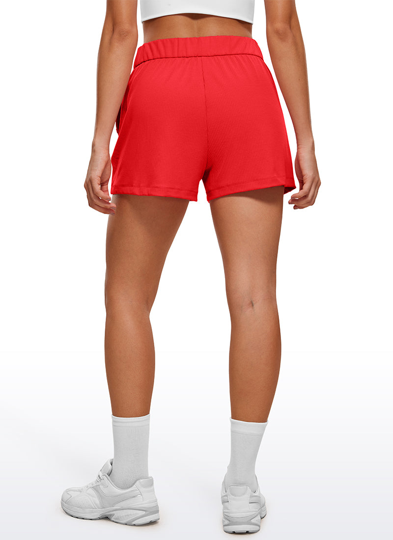 CRZ YOGA Women's Ribbed High Waisted Sweat Shorts 3'' Deep Red @model_info:Mina