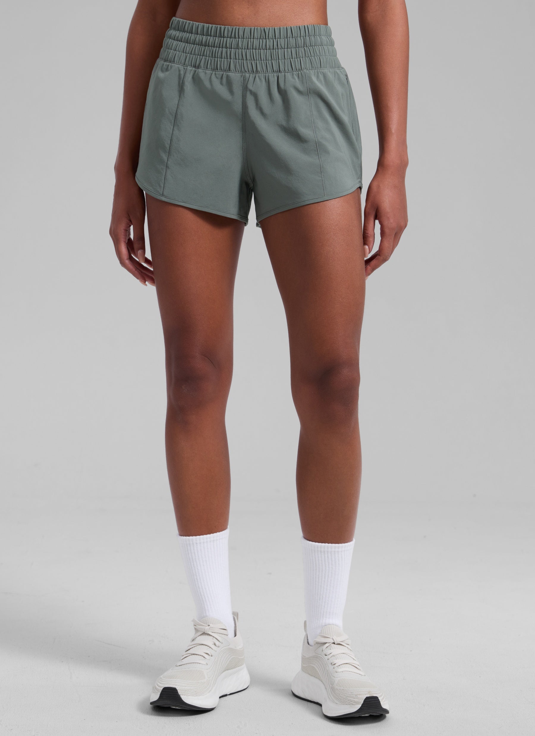 CRZ YOGA Women's Running Feathery-Fit High Rise Lined Shorts 2.5'' Grey Sage @model_info:Patrica