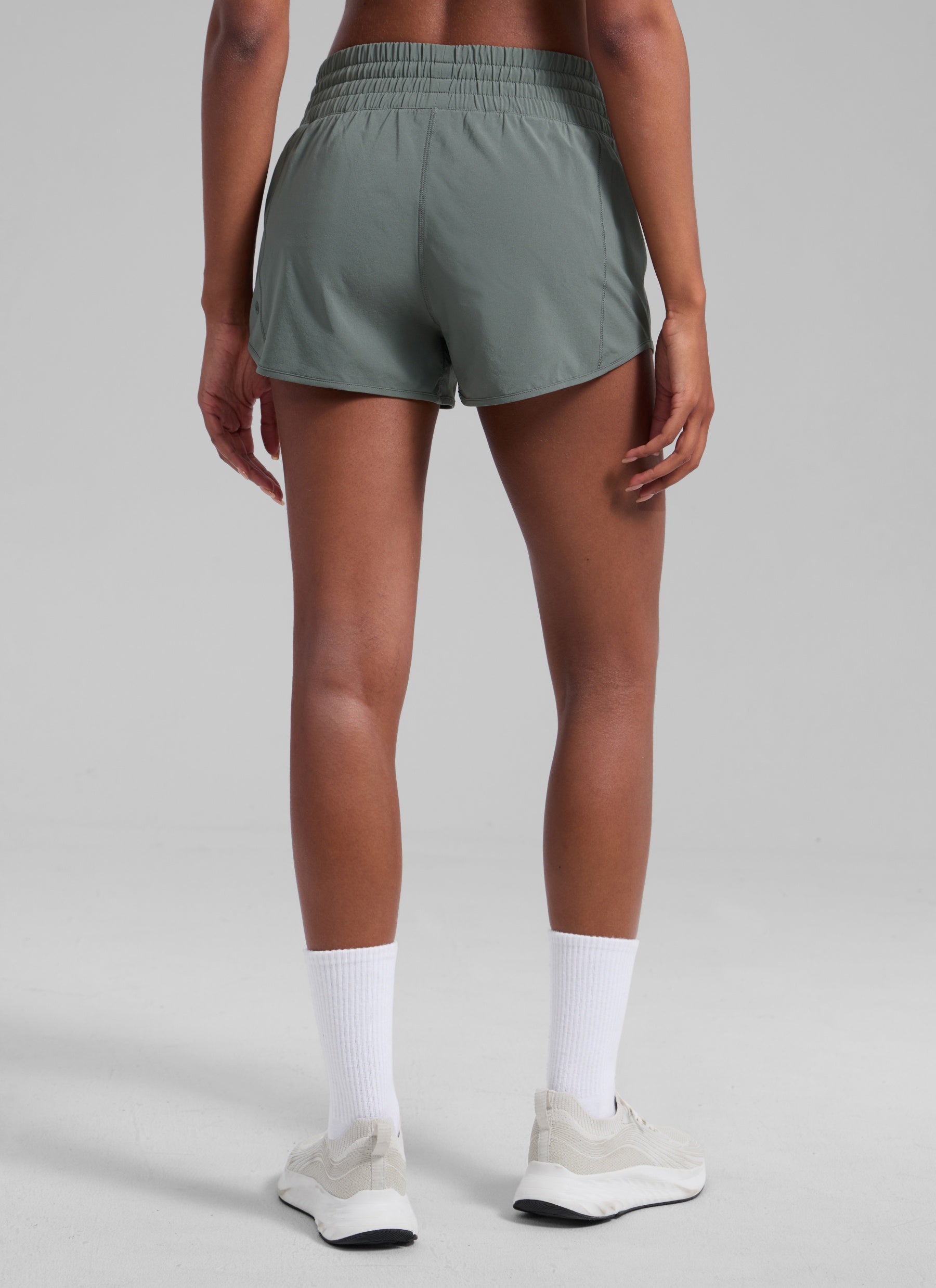 CRZ YOGA Women's Running Feathery-Fit High Rise Lined Shorts 2.5'' Grey Sage @model_info:Patrica
