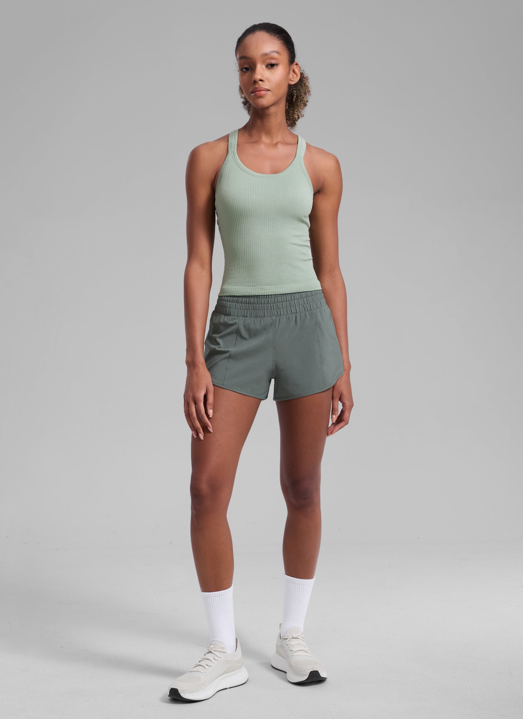 CRZ YOGA Women's Running Feathery-Fit High Rise Lined Shorts 2.5'' Grey Sage @model_info:Patrica