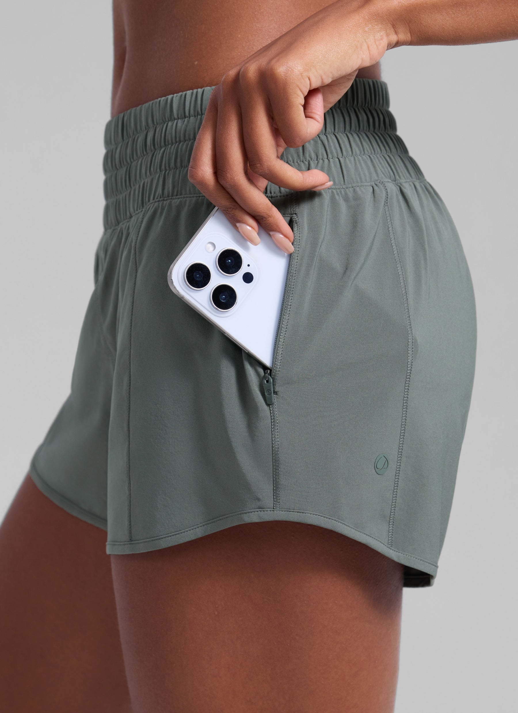 CRZ YOGA Women's Running Feathery-Fit High Rise Lined Shorts 2.5'' Grey Sage @model_info:Patrica