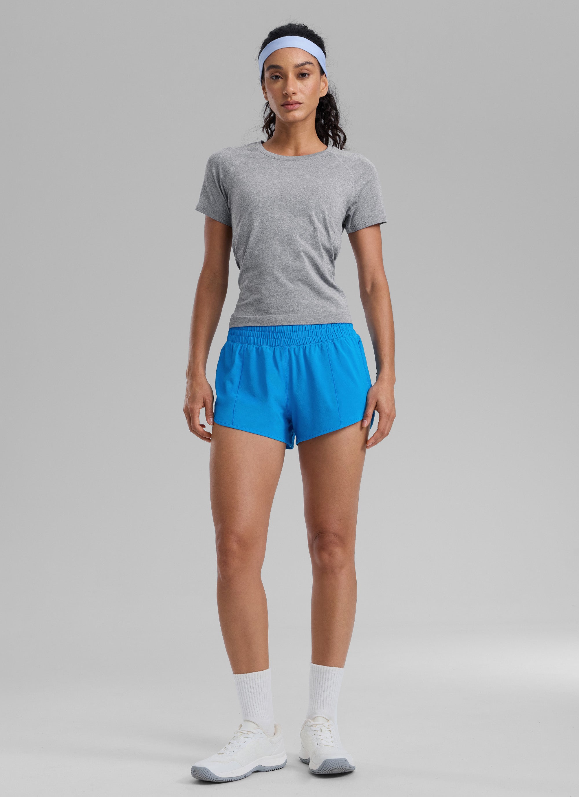 CRZ YOGA Women's Running Feathery-Fit High Rise Lined Shorts 2.5'' Madagascar Blue @model_info:Larissa
