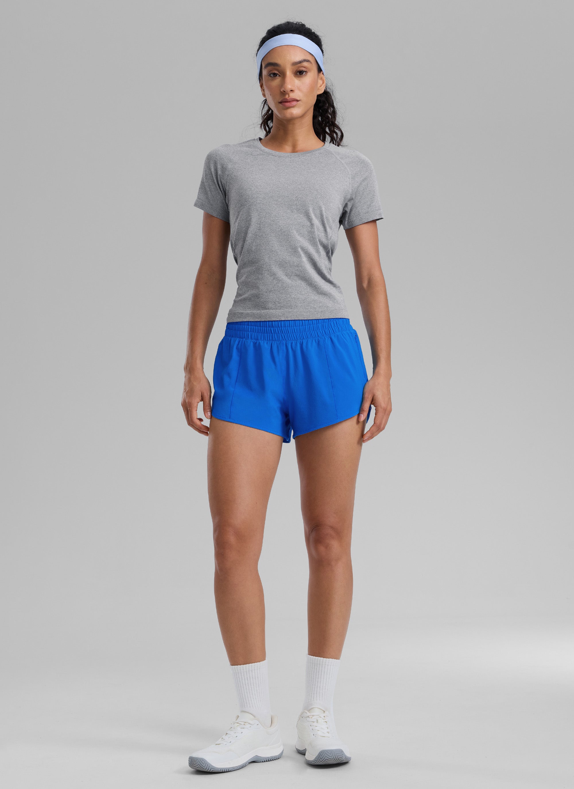 CRZ YOGA Women's Running Feathery-Fit High Rise Lined Shorts 2.5'' Sparkle Blue