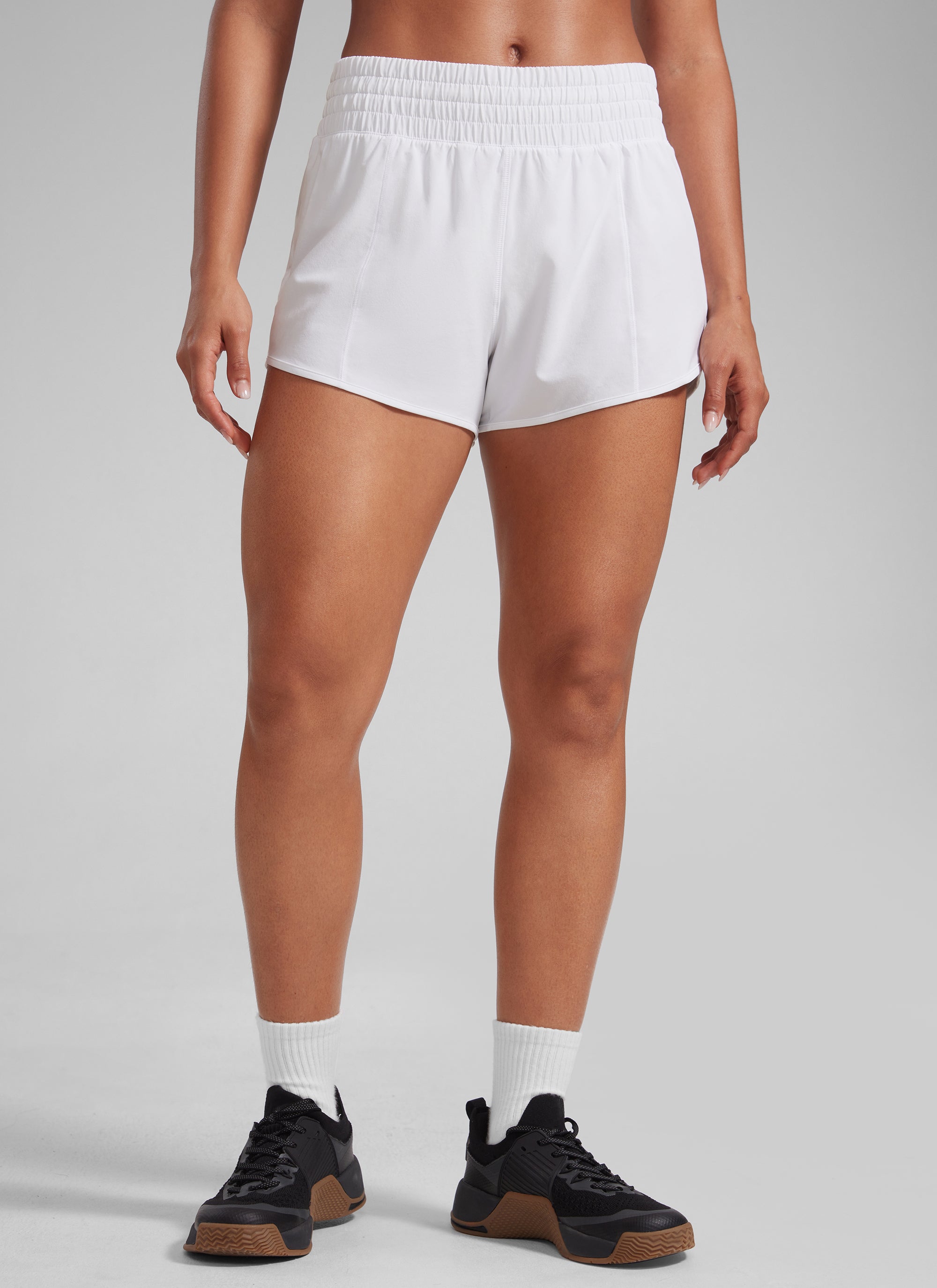CRZ YOGA Women's Running Feathery-Fit High Rise Lined Shorts 2.5'' White @model_info:Crystal