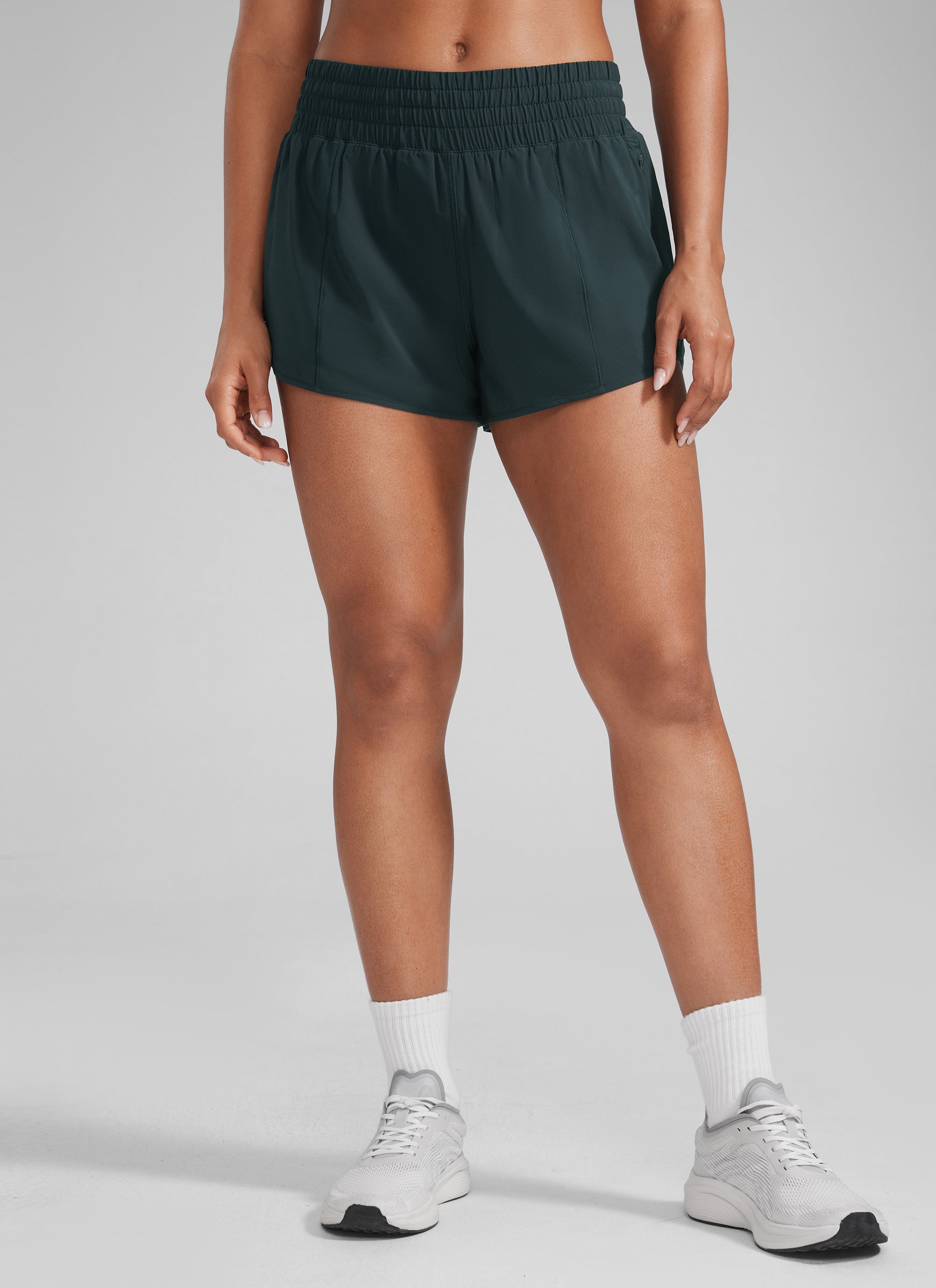 CRZ YOGA Women's Running Feathery-Fit High Rise Lined Shorts 2.5'' Melanite @model_info:Crystal