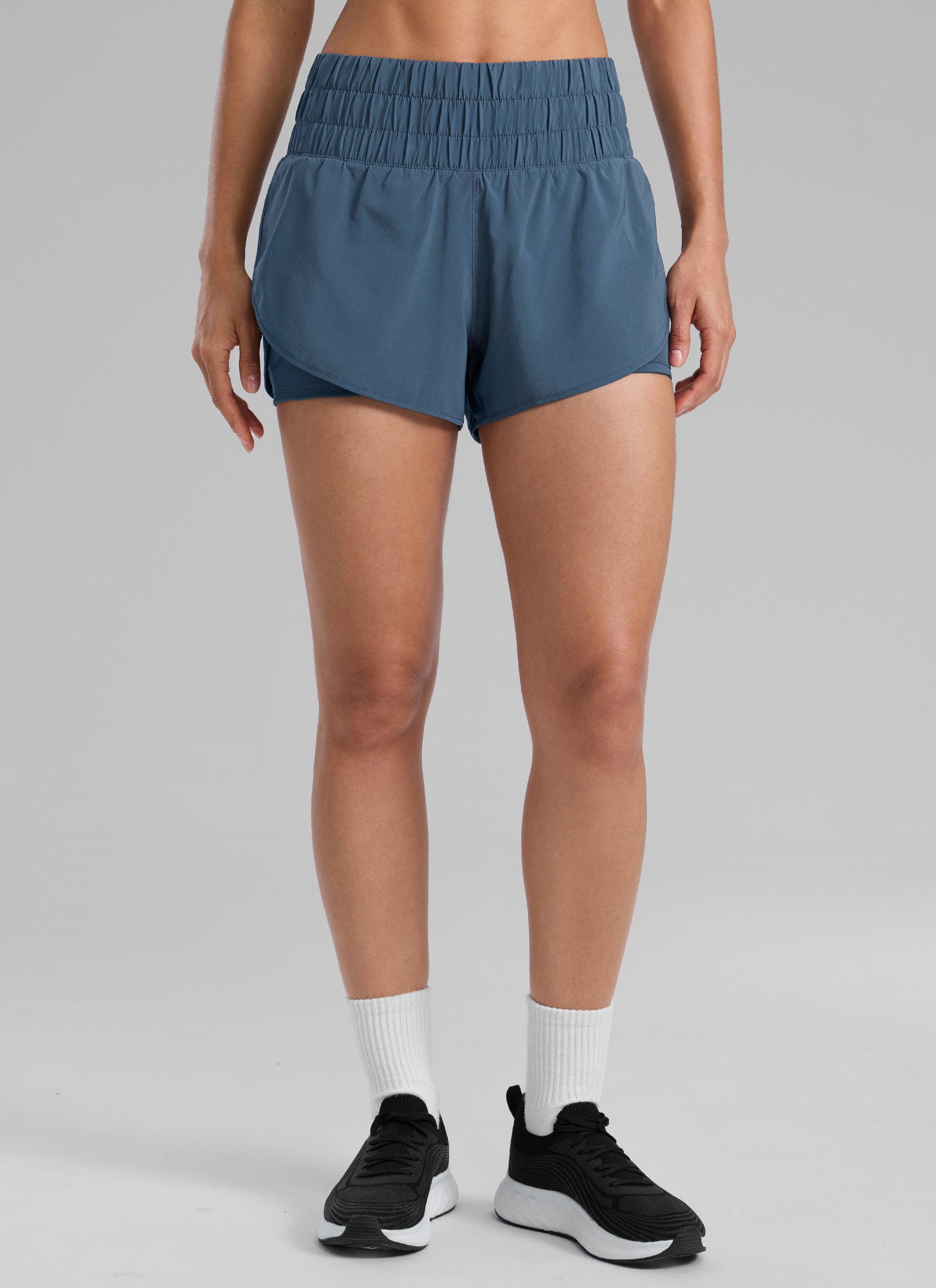 CRZ YOGA Women's Train High-Rise 2 in 1 Shorts with Pocket 3'' Stelindigo @model_info:Larissa