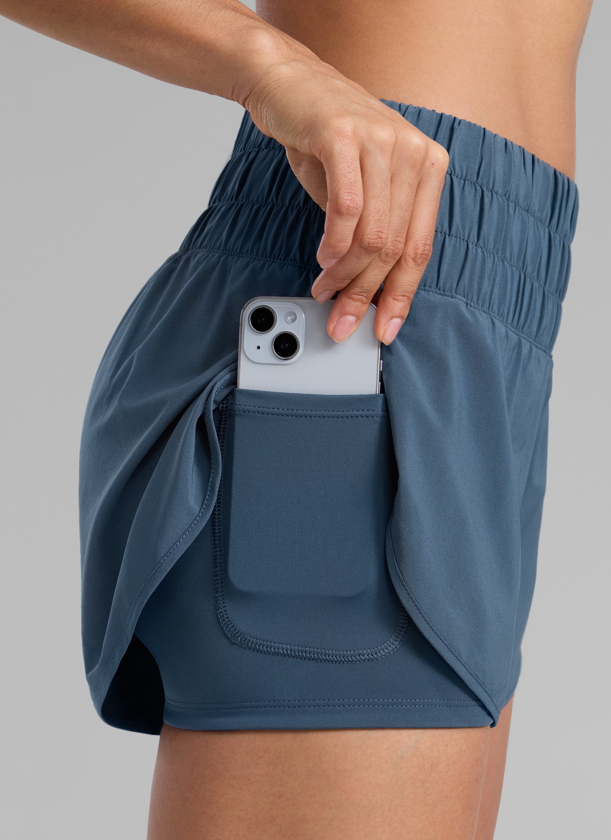 CRZ YOGA Women's Train High-Rise 2 in 1 Shorts with Pocket 3'' Stelindigo @model_info:Larissa