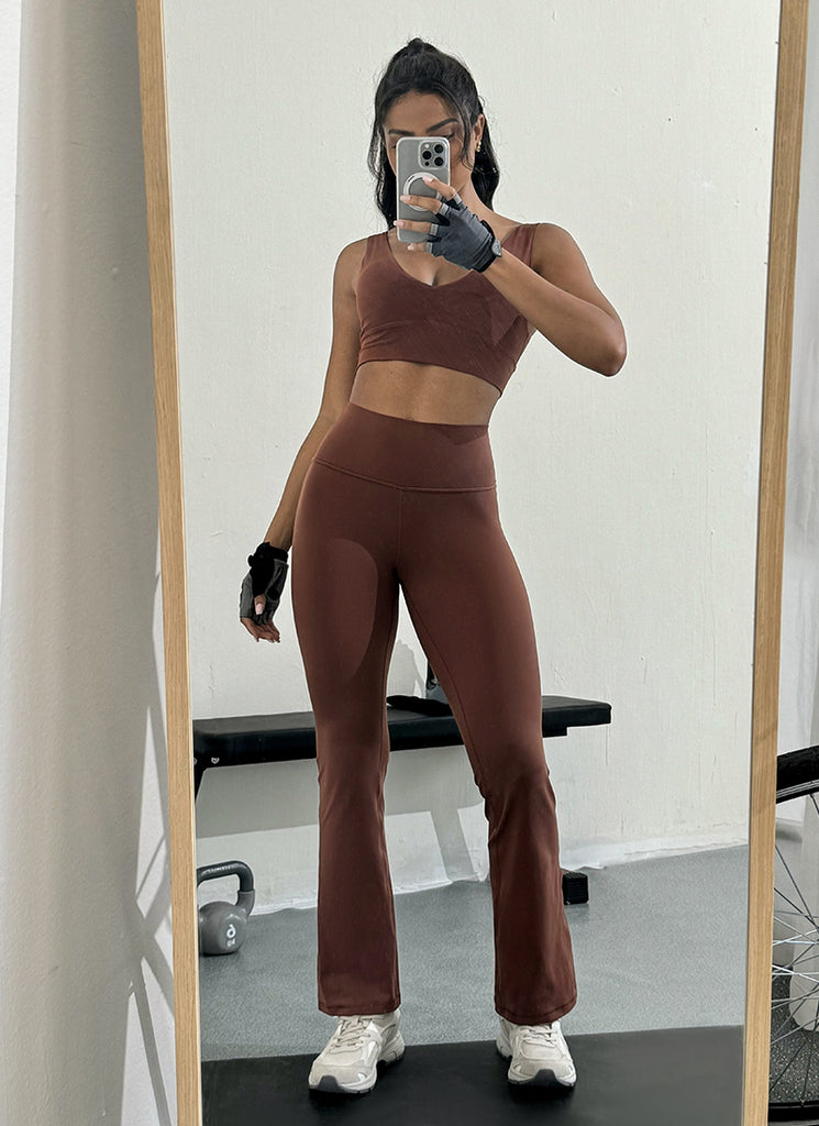 CRZ YOGA Women's Yoga High Waist Butterluxe Flare Pocket Leggings 29" Coffee Brown