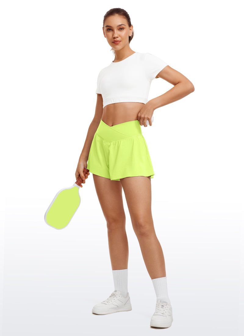 CRZ YOGA Women's Tennis V Crossover 2 in 1 Flowy Shorts High Waisted Neon Yellow
