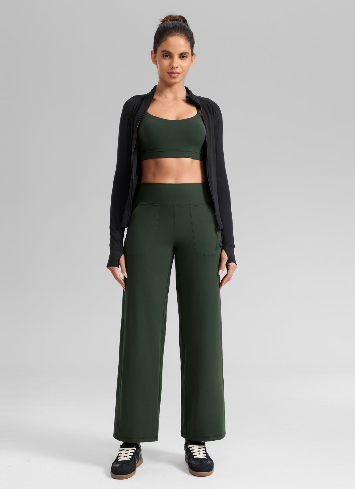 CRZ YOGA Women's Butterlift High Waisted Wide Leg Pants with Pockets Legend Green @model_info:Dany