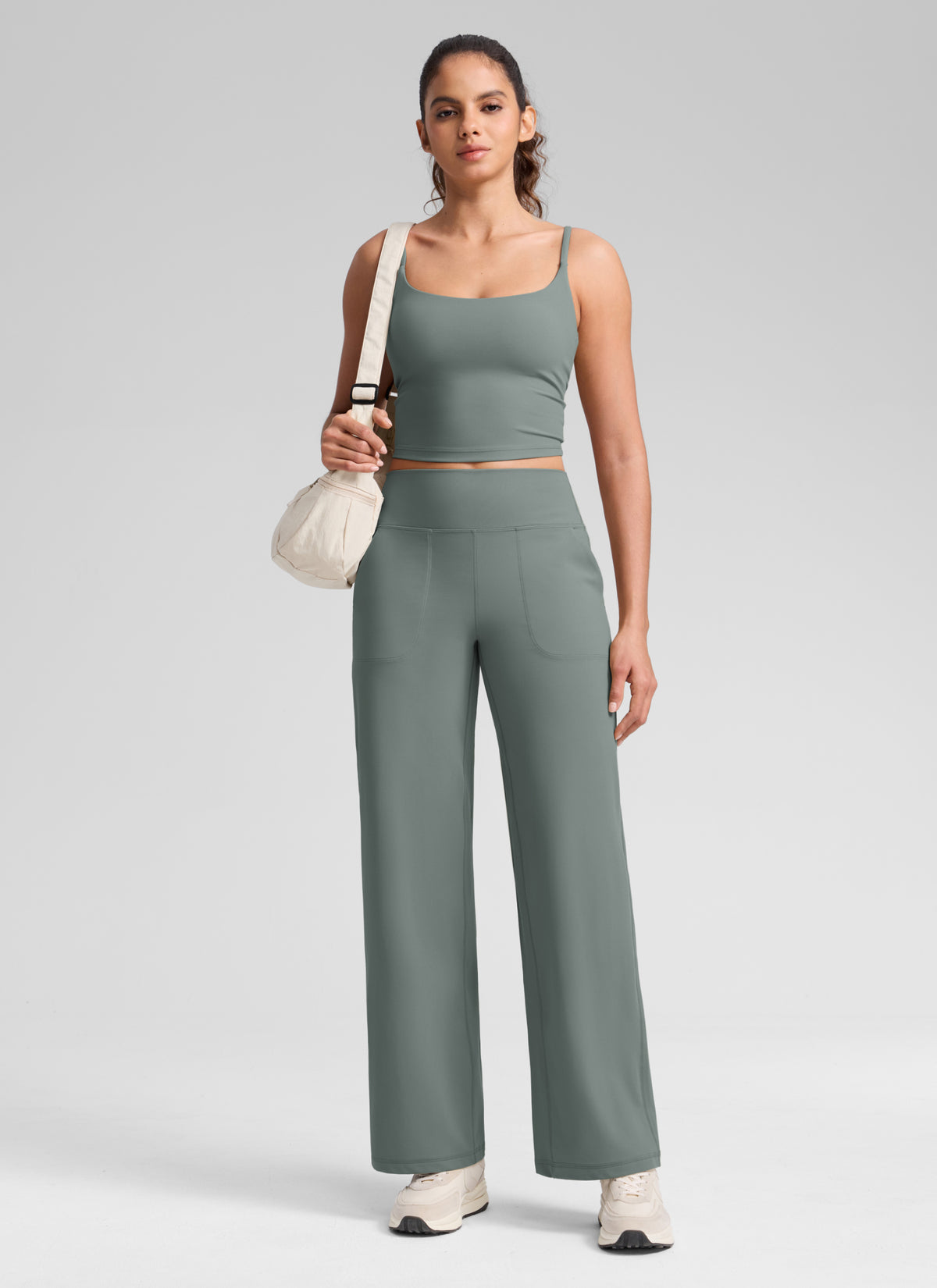 CRZ YOGA Women's Butterlift High Waisted Wide Leg Pants with Pockets Grey Sage @model_info:Q1