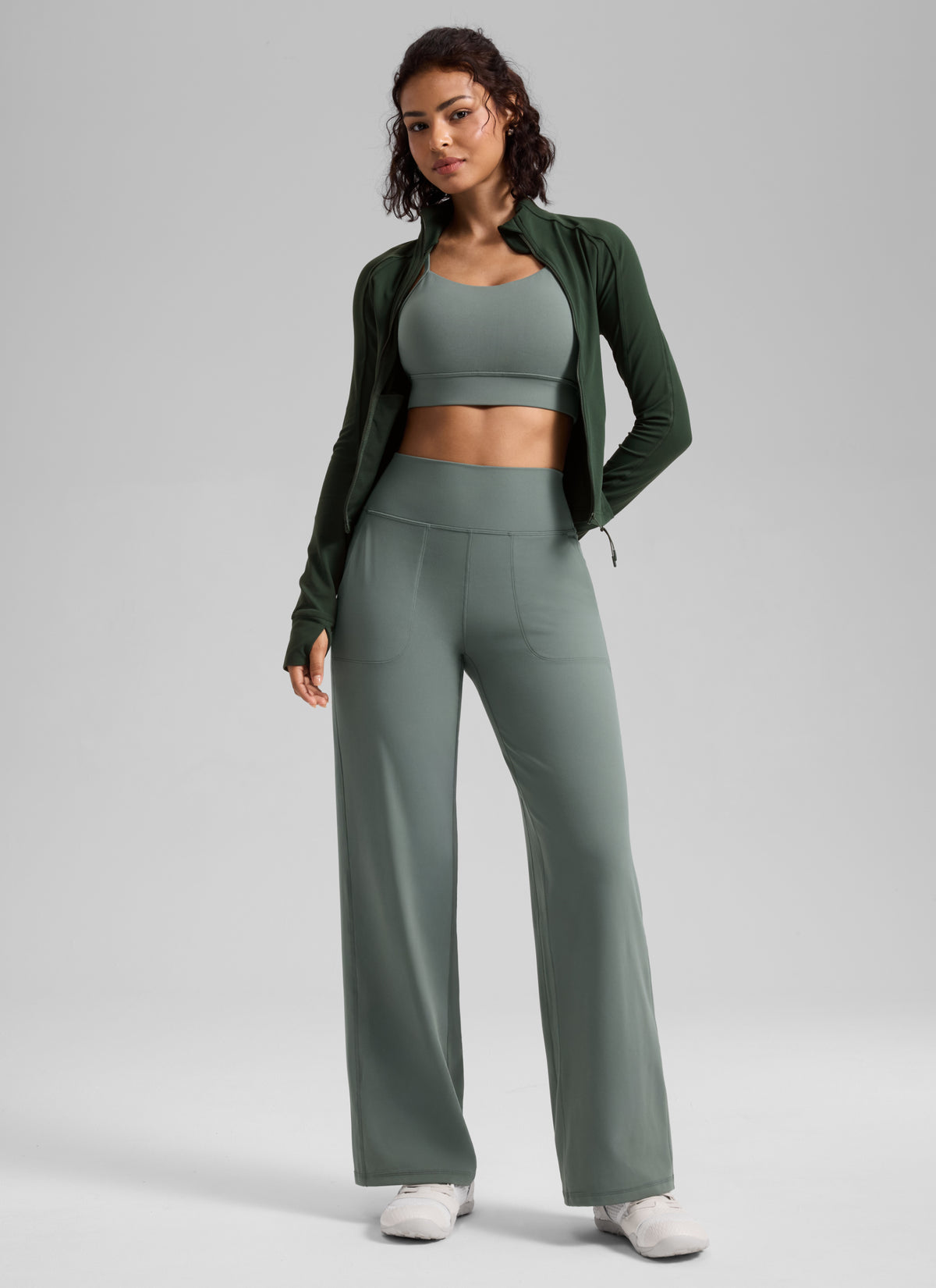 CRZ YOGA Women's Butterlift High Waisted Wide Leg Pants with Pockets Grey Sage @model_info:T
