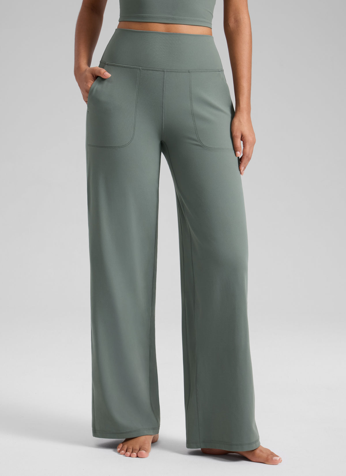 CRZ YOGA Women's Butterlift High Waisted Wide Leg Pants with Pockets Grey Sage @model_info:T