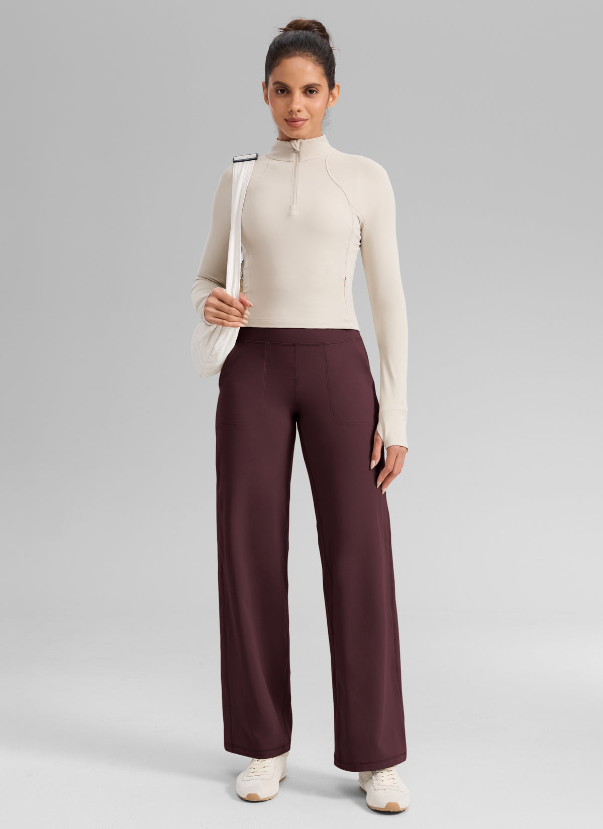 CRZ YOGA Women's Butterlift High Waisted Wide Leg Pants with Pockets Ripe Plum @model_info:Dany