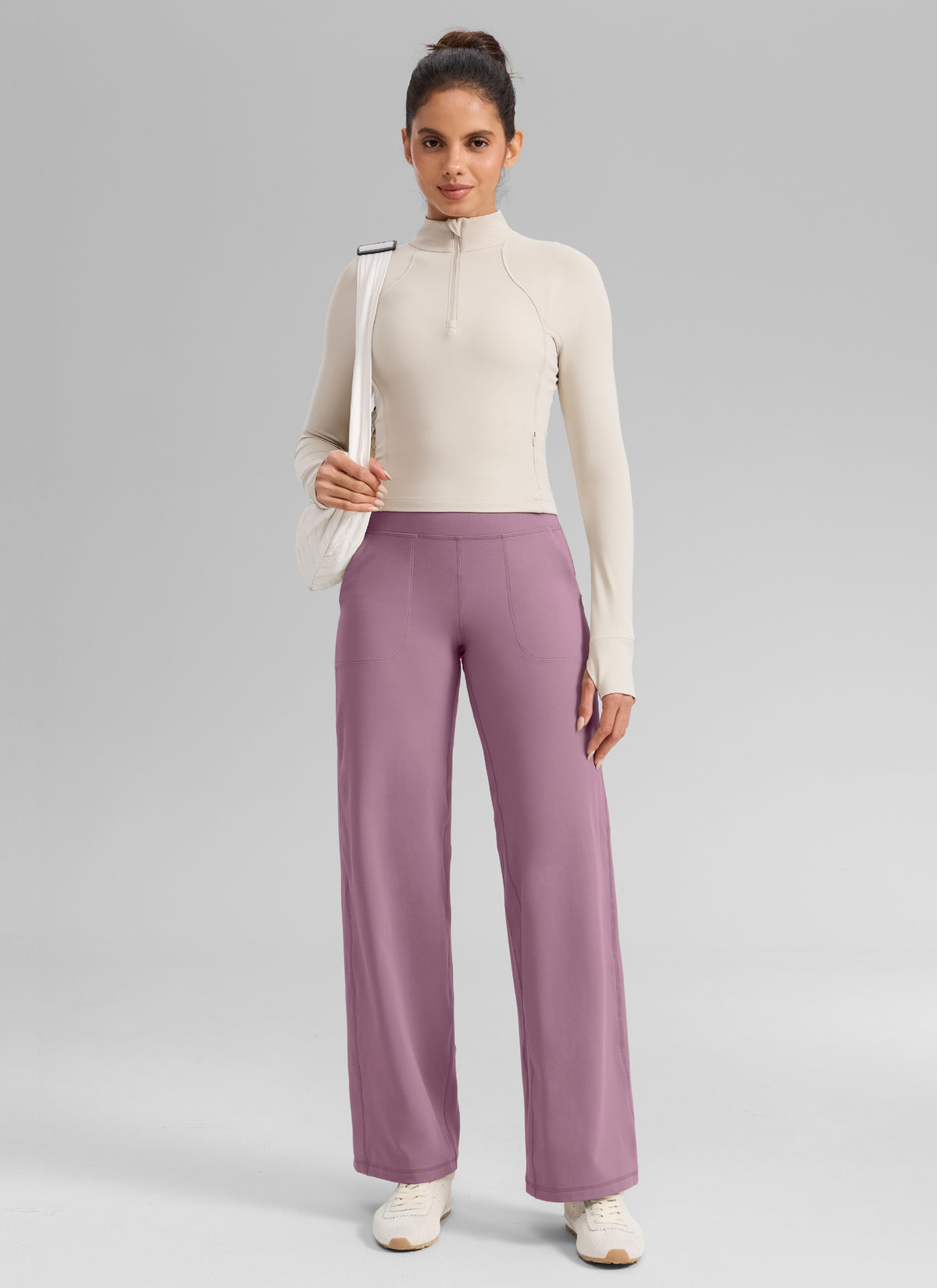 CRZ YOGA Women's Butterlift High Waisted Wide Leg Pants with Pockets Light Lavender @model_info:Dany