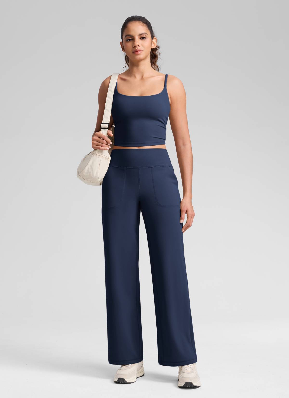 CRZ YOGA Women's Butterlift High Waisted Wide Leg Pants with Pockets Club Blue @model_info:Dany