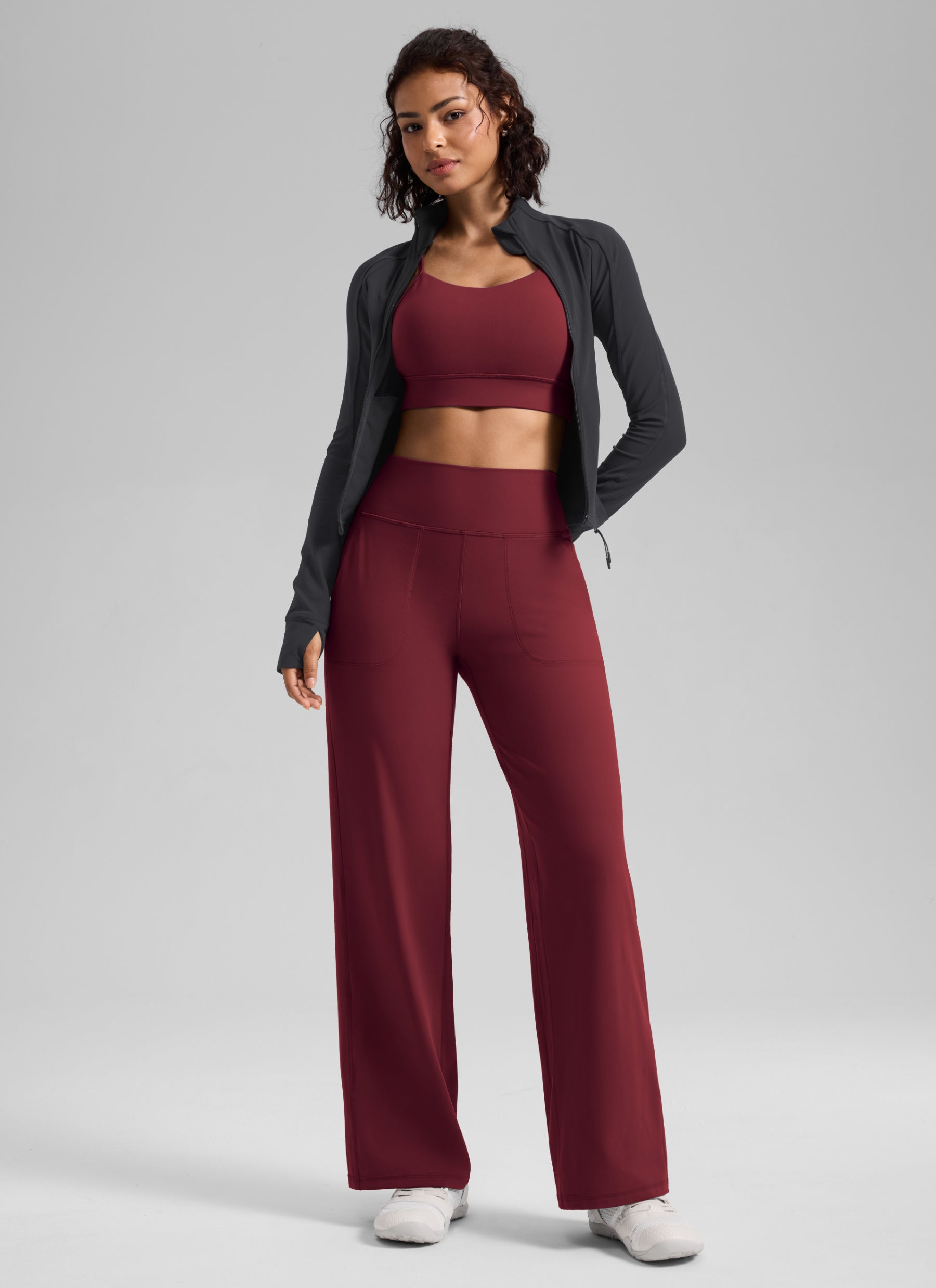 CRZ YOGA Women's Butterlift High Waisted Wide Leg Pants with Pockets Burgundy Bay @model_info:Q1