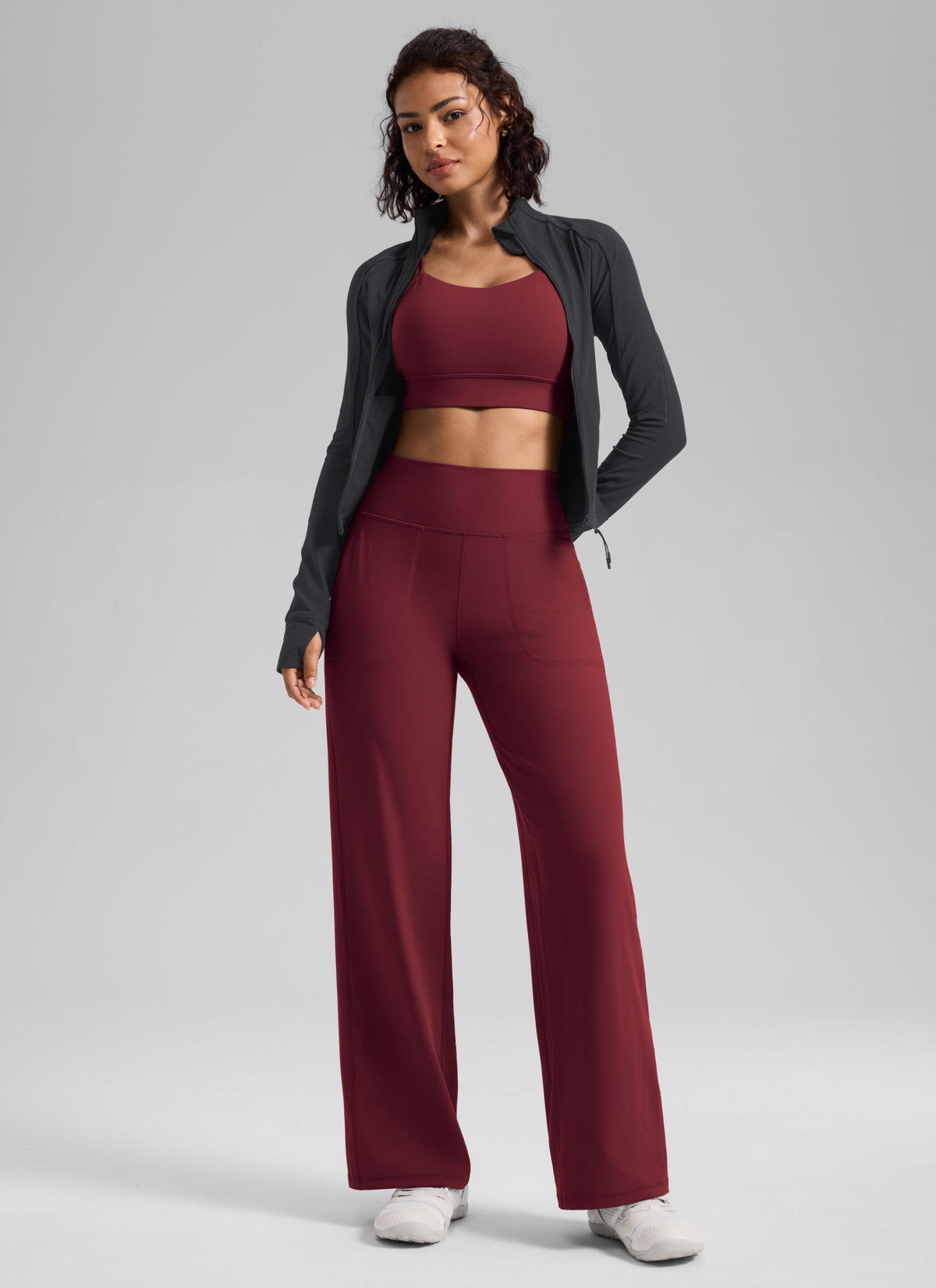 CRZ YOGA Women's Butterlift High Waisted Wide Leg Pants with Pockets Burgundy Bay @model_info:Q1